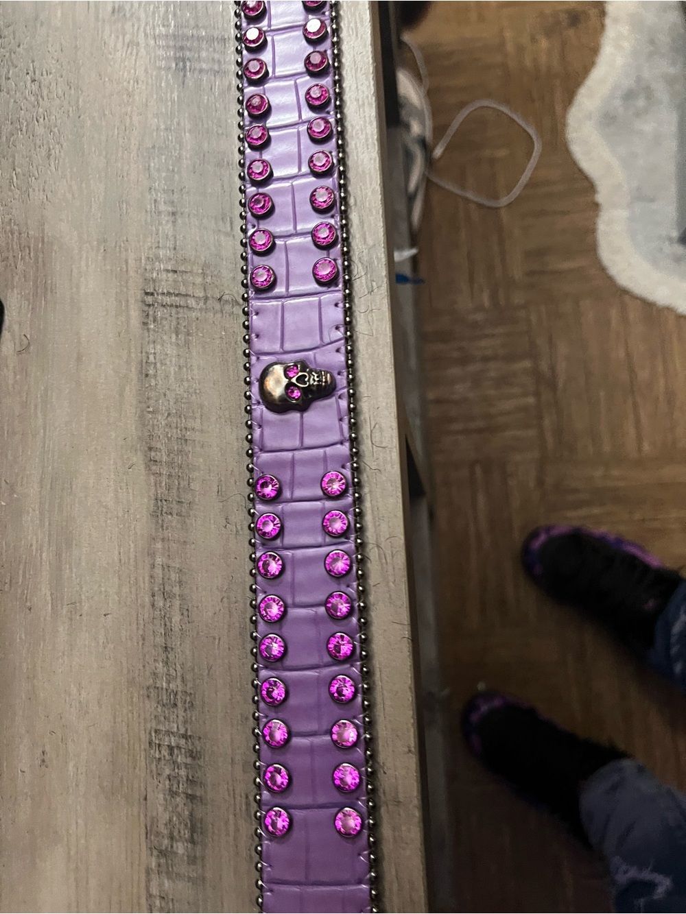 B.B. Simon Purple Leather Belt with Pink Crystal Studs and Skull Accent